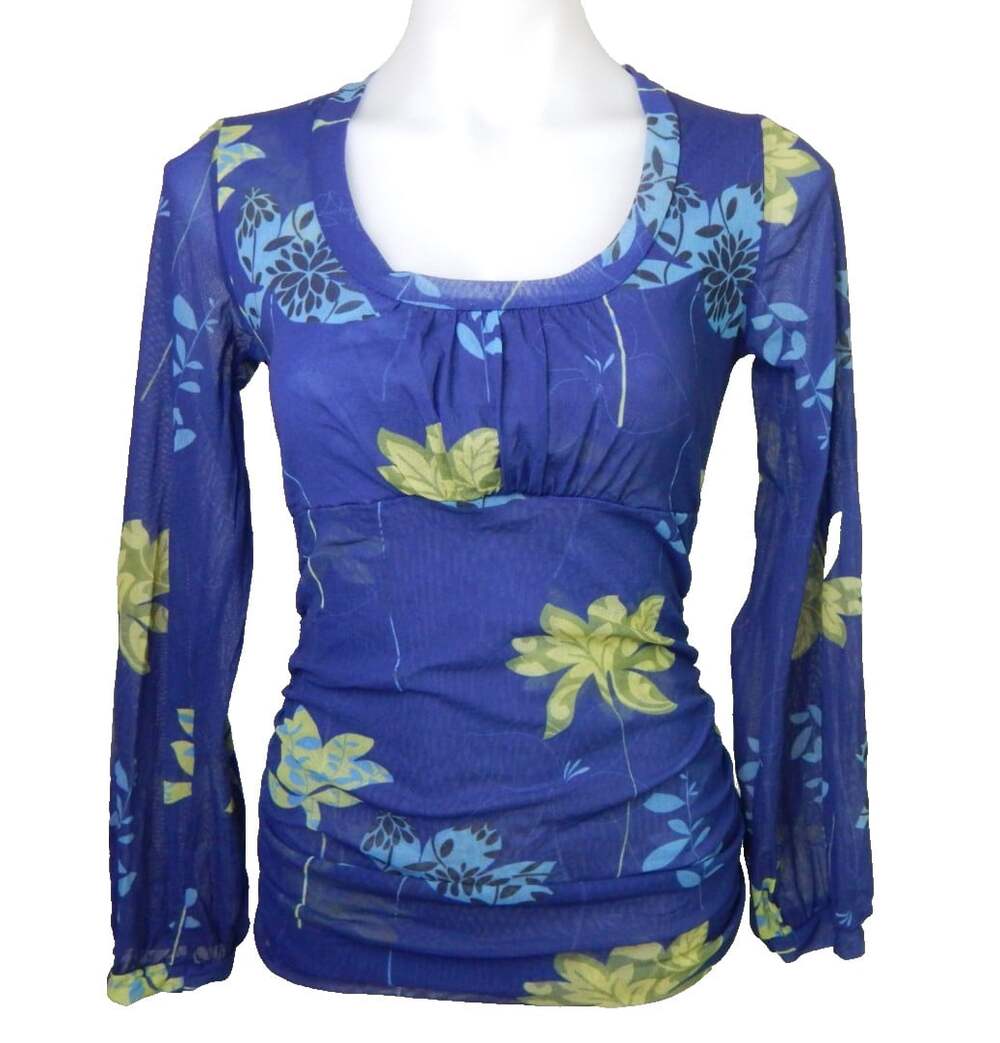 Sweet Pea Women's L Top Vtg Y2K Layered Floral Ruched Long Sleeve Mesh Fairy